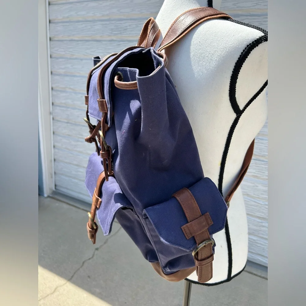Rutland Navy and Brown Canvas Backpack EUC